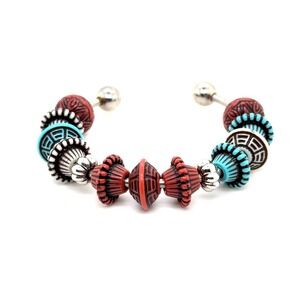 Southwestern Beaded Cuff Bracelet Silver Tone Red Turquoise Boho Artisan Style